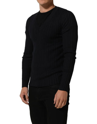 Jersey negro para hombre de mezcla de seda con cuello en V