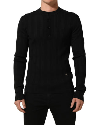 Black Silk Blend Henley Pullover Men Sweater