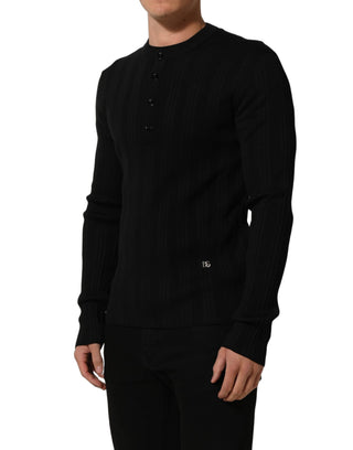 Black Silk Blend Henley Pullover Men Sweater