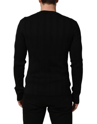 Black Silk Blend Henley Pullover Men Sweater