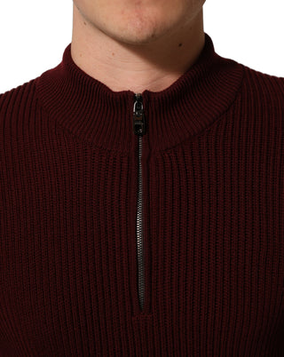 Burgundy Wool Half Zip Men Pullover Sweater