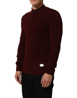 Burgundy Wool Half Zip Men Pullover Sweater