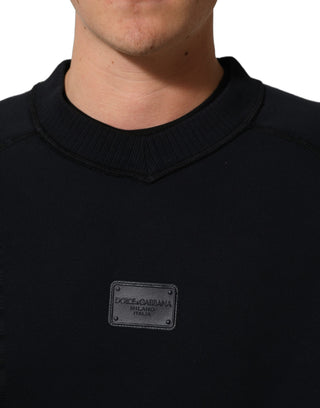 Black Logo Plaque Cotton Crew Neck Pullover Sweater