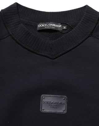 Suéter pulóver de algodón negro con placa de logo y cuello redondo