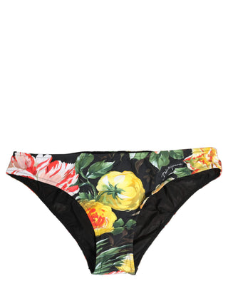 Black Nylon Floral Print Bikini Bottom Swimwear