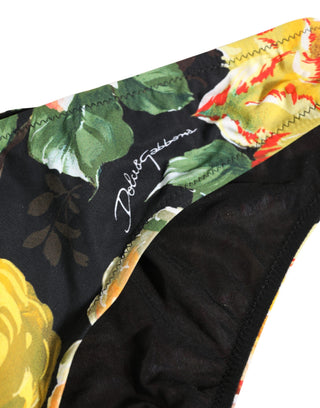 Black Nylon Floral Print Bikini Bottom Swimwear
