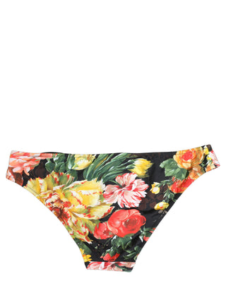 Black Nylon Floral Print Bikini Bottom Swimwear