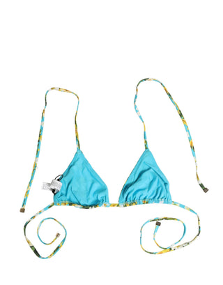 Blue Floral Print Nylon Halter Bikini Top Swimwear