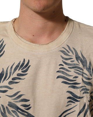 Beige Cotton Graphic Print Crew Neck  T-shirt