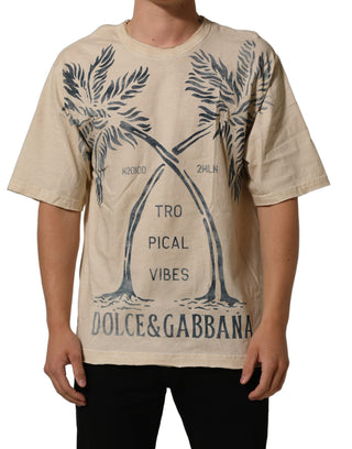 Camiseta beige de algodón con estampado gráfico y cuello redondo