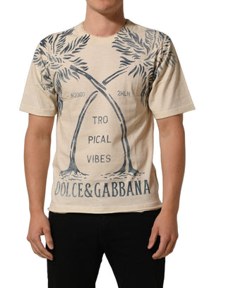 Camiseta beige de algodón con estampado gráfico y cuello redondo