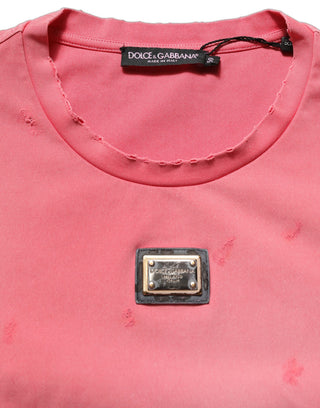 Camiseta rosa re-edición desgastada con cuello redondo