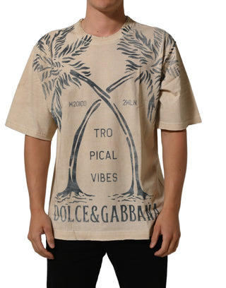 Beige Cotton Graphic Print Crew Neck T-shirt