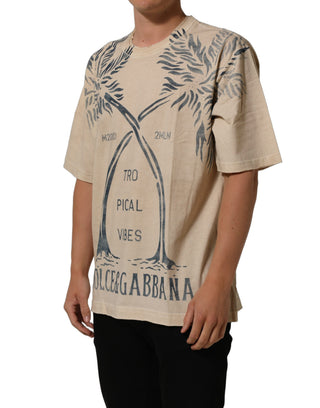 Beige Cotton Graphic Print Crew Neck T-shirt