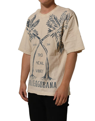 Beige Cotton Graphic Print Crew Neck T-shirt