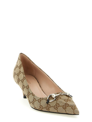 Beige Polyester Mid Heel Pumps