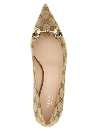 Beige Polyester Mid Heel Pumps