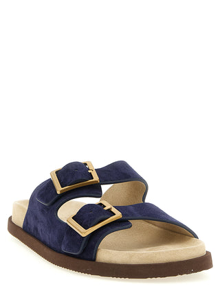 Sandalias tipo slide de piel de becerro azul  