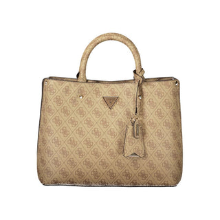 Beige Leather Women's Bag with Handles and Shoulder Strap