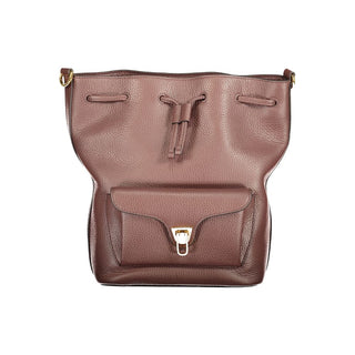 Brown Leather Women's Bag with Drawstring Twist Closure and Pocket