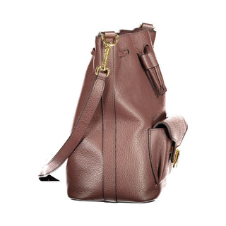 Brown Leather Women's Bag with Drawstring Twist Closure and Pocket