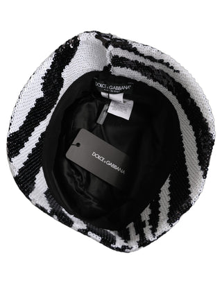 Men Black White Zebra Sequin Bucket Cap Hat