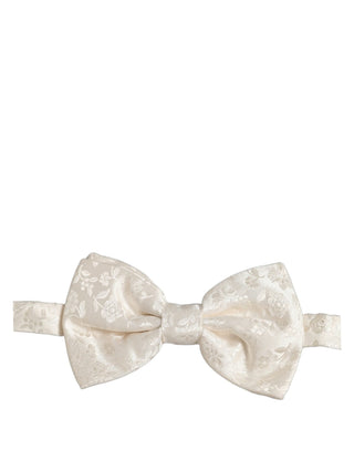 Men White Floral Silk Adjustable Neck Papillon BowTie