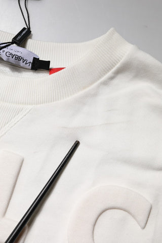 White Embossed Logo Cotton Crew Neck Sweater