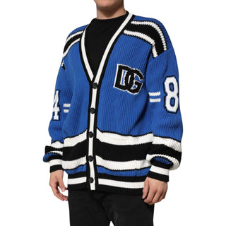 Blue Cotton Logo Patch Ribbed Knit Cardigan Sweater