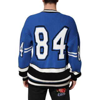 Blue Cotton Logo Patch Ribbed Knit Cardigan Sweater