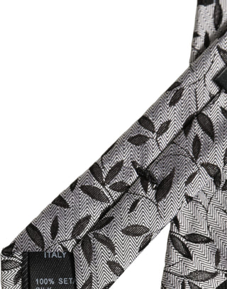 Men Gray Leaf Pattern Silk Adjustable Tied Necktie Tie
