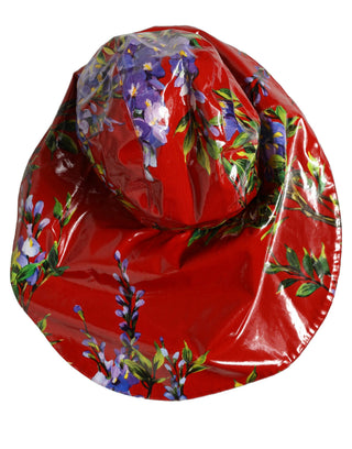 Glossy Red Floral Wide Brim Bucket Capello Hat