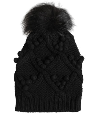 Black Cashmere Knitted Fur Pom-Pom Beanie One Size Hat