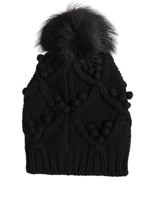 Black Cashmere Knitted Fur Pom-Pom Beanie One Size Hat