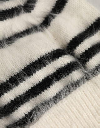 Black White Striped Angora Knitted Beanie One Size Hat