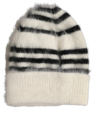 Black White Striped Angora Knitted Beanie One Size Hat