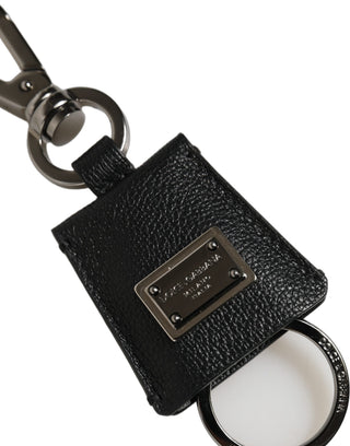 Black Dauphine Leather Silver Metal Logo Plaque Keyring