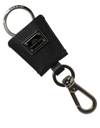 Black Dauphine Leather Silver Metal Logo Plaque Keyring