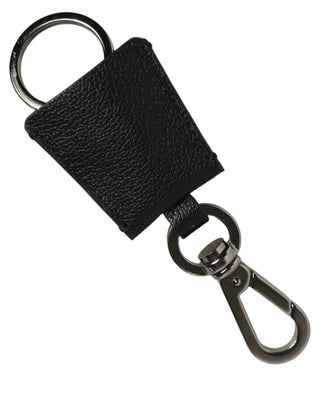 Black Dauphine Leather Silver Metal Logo Plaque Keyring