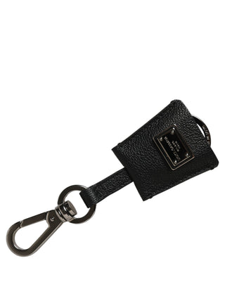 Black Dauphine Leather Silver Metal Logo Plaque Keyring
