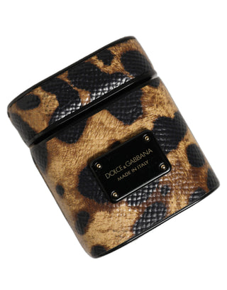 Brown Leopard Calf Leather Metal Logo Plaque Airpods Case