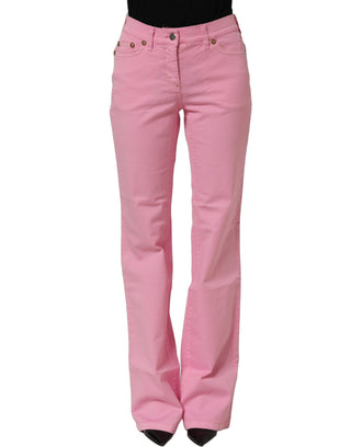 Pink Mid-Waisted Flared Denim Casual Jeans