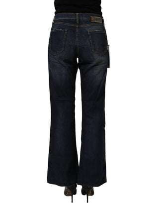Dark Blue Washed Mid-Waisted Flared Denim Casual Jeans