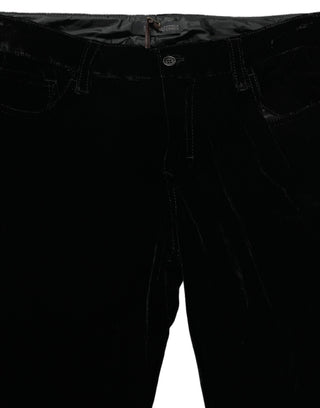 Black Viscose Blend Velvet Slim Fit Pants