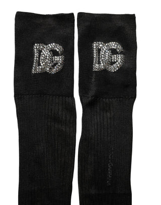Black DG Logo Rhinestones Stretch Thigh High Socks