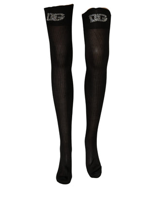 Black DG Logo Rhinestones Stretch Thigh High Socks