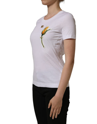 White Cotton Rose Patch Crew Neck T-shirt