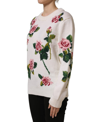 White Wool Floral Crew Neck Pullover Sweater