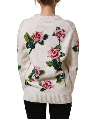 White Wool Floral Crew Neck Pullover Sweater