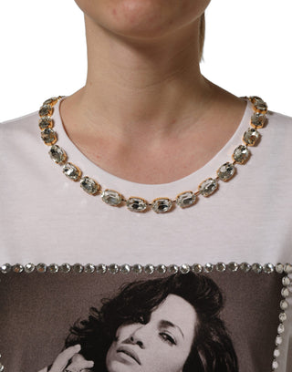 White Printed Jeweled Round Neck T-shirt